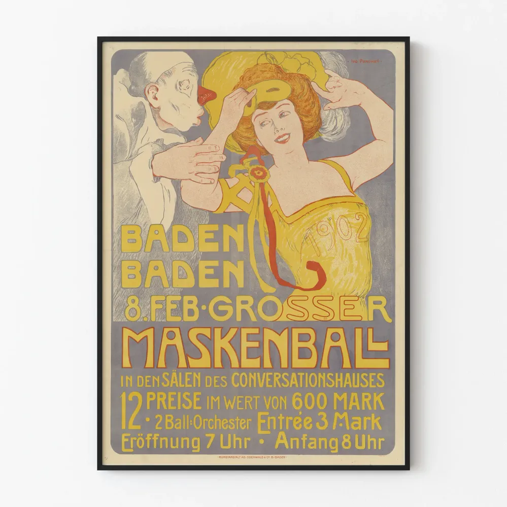 1902 Baden-Badenin naamiaisjuhlan vintage juliste