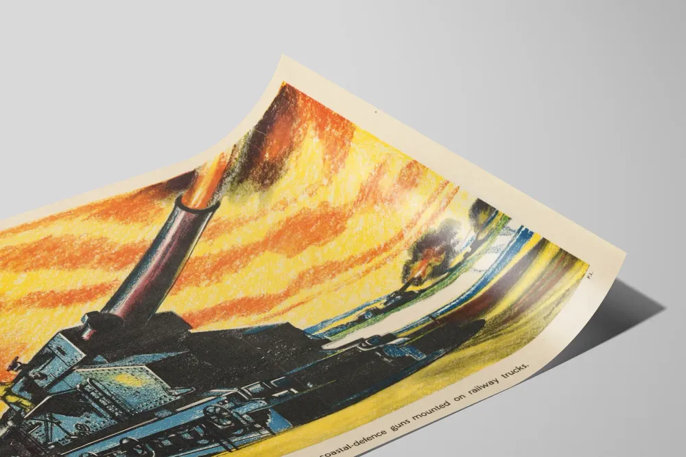 Art Déco -juliste Britannian rannikkopuolustuksen kanuuna raiteella