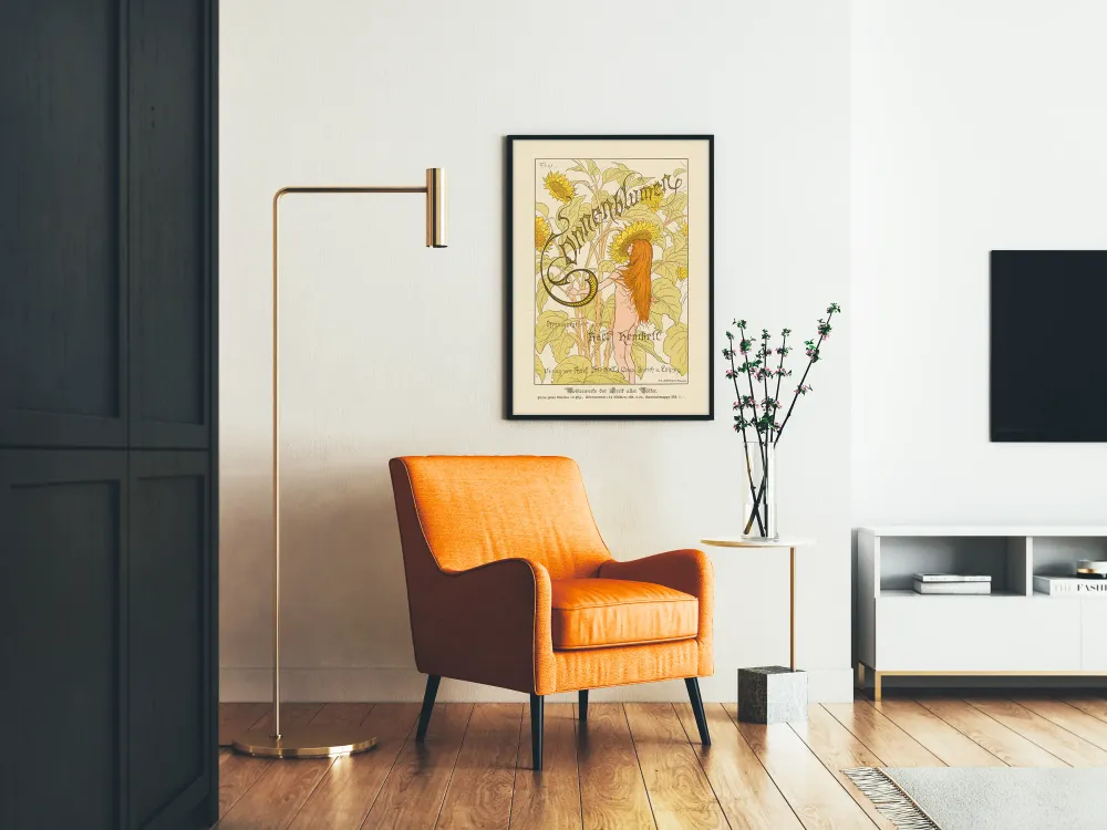 Art Nouveau -juliste auringonkukista ja alastomasta naisesta Fiduksen teoksesta