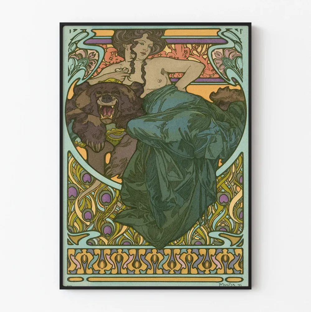 Art Nouveau -juliste nainen ja karhu - tyylikäs seinäkoriste
