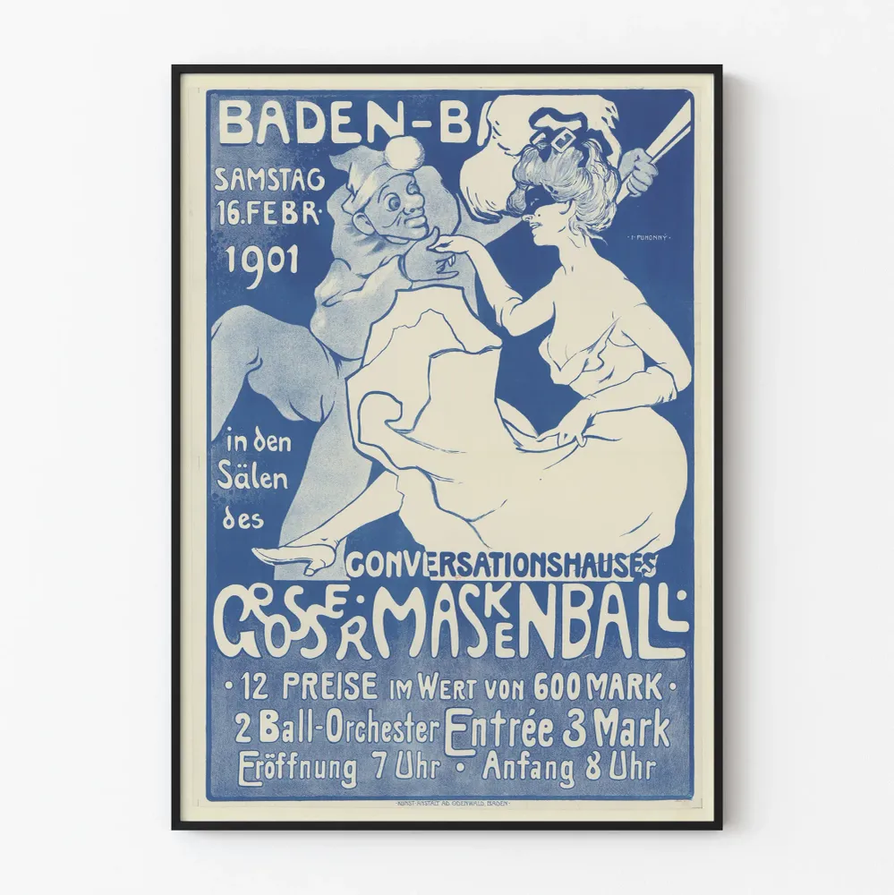 Art Nouveau -juliste sininen Baden-Badenin maskiballiin 1901