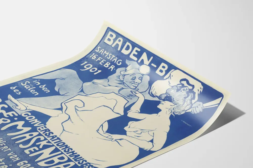 Art Nouveau -juliste sininen Baden-Badenin maskiballiin 1901