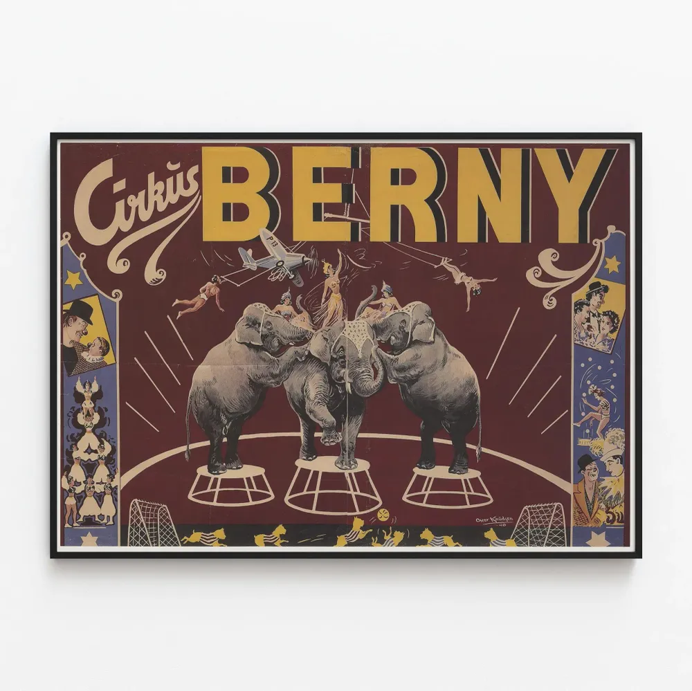 Bernyn sirkusjuliste vintage-elefantteineen ja akrobaatteineen