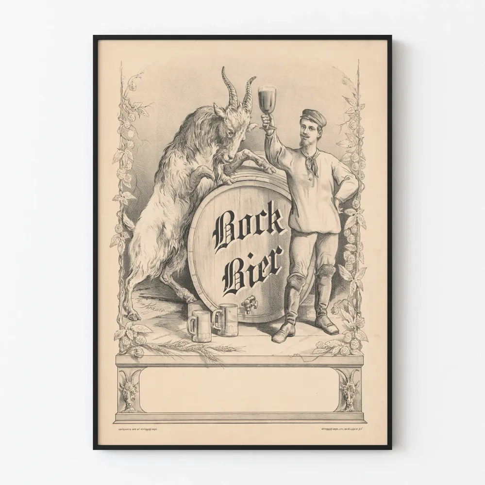 Bock Bierin vintagejuliste vuohen ja miehen kuvalla