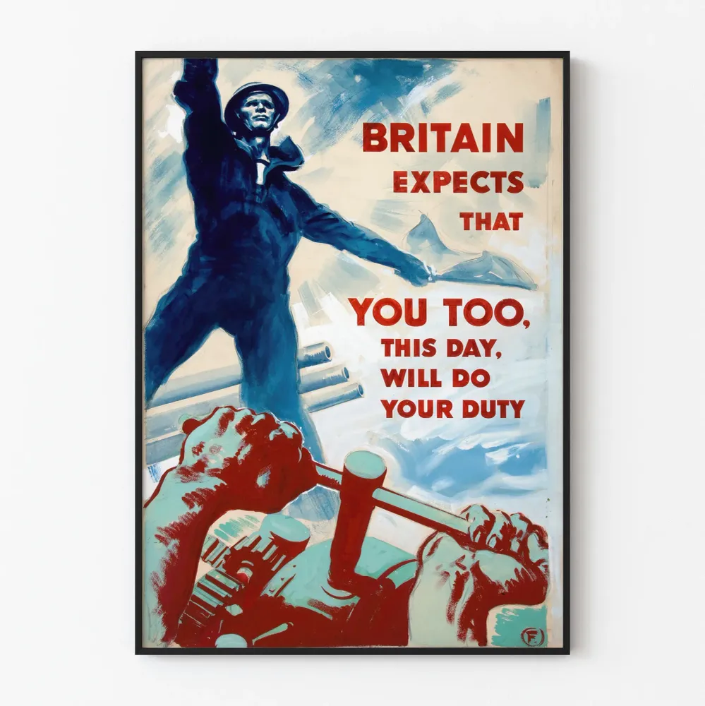 Britannian vanha propagandajuliste merimiehen ja iskulauseen kanssa