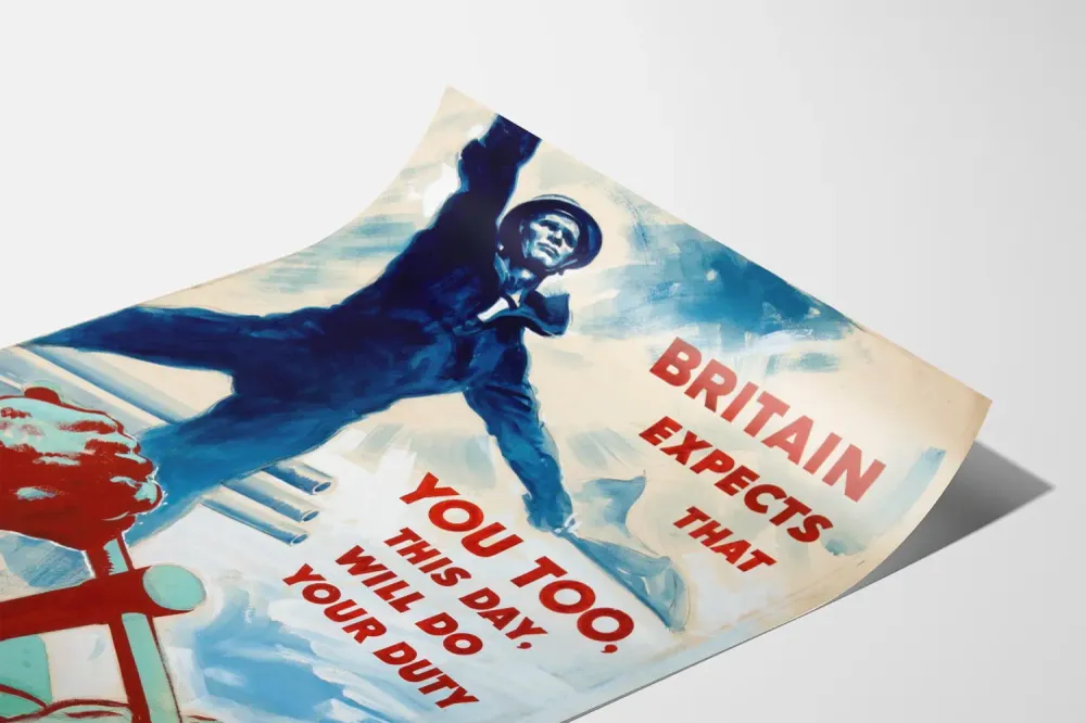 Britannian vanha propagandajuliste merimiehen ja iskulauseen kanssa
