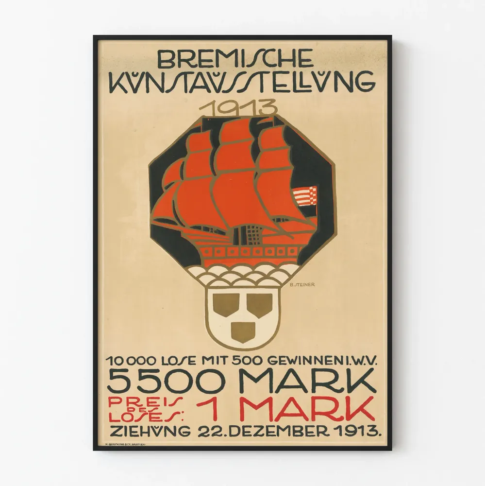 Brémen 1913 taiteellinen näyttelyjuliste, jossa punainen purjevene