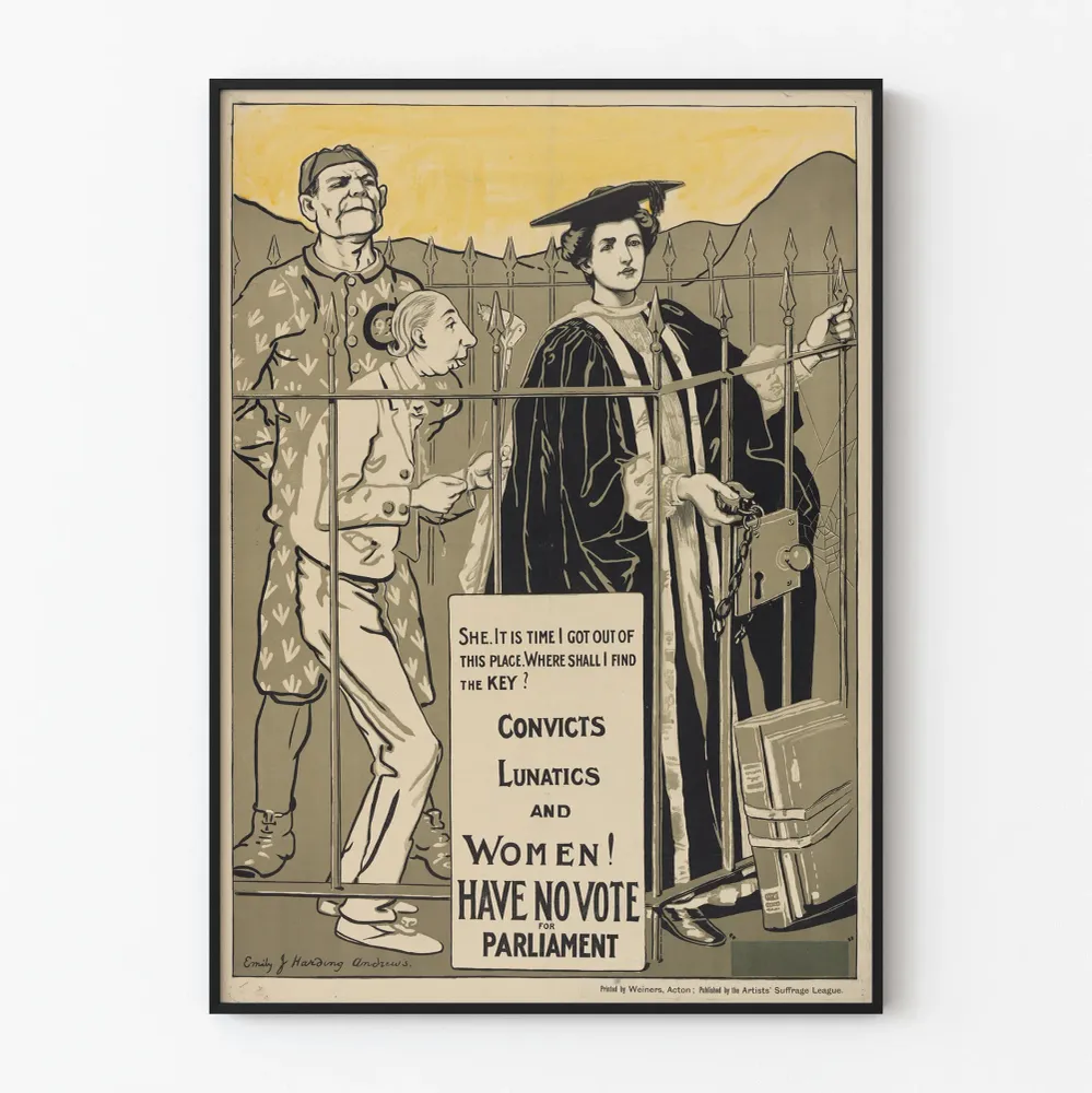 Feministinen vintagejuliste « Rangaistut, hulluja ja naiset eivät saa äänestää parlamentissa »