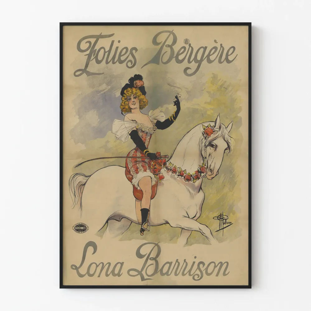 Folies Bergère -juliste Lona Barrison valkoisella hevosella