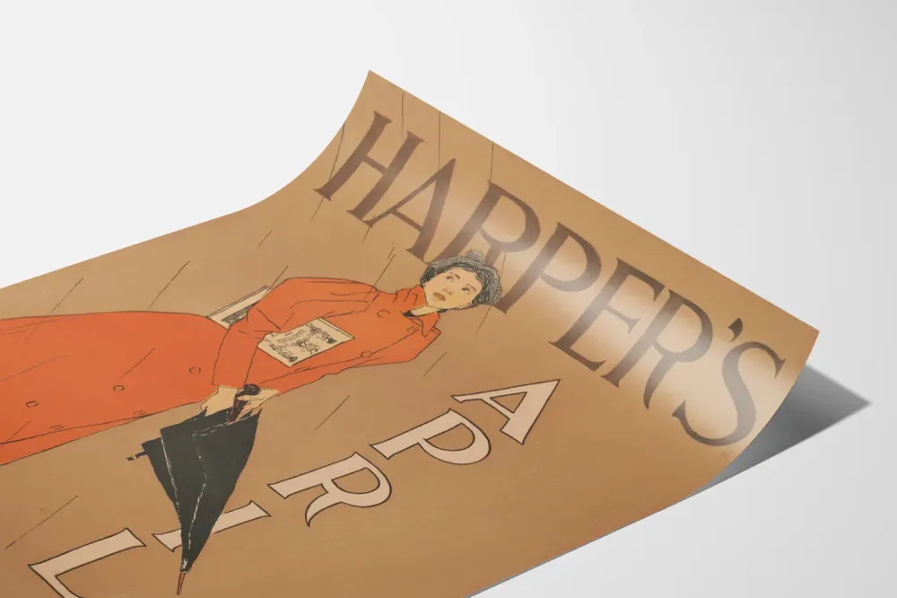 Harper's huhtikuun vintage - Nainen punaisessa takissa ja sateenvarjossa