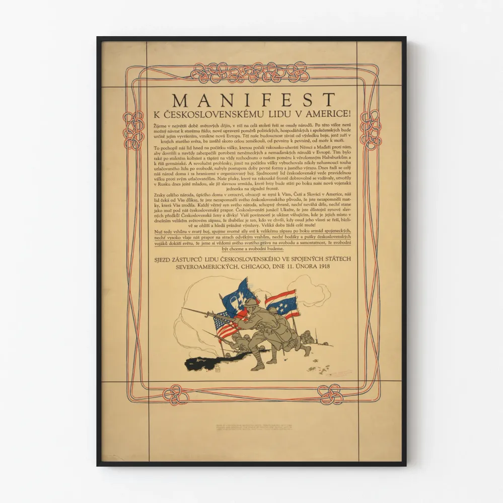 Historiallinen juliste Manifesti Tšekkoslovakian kansalle Amerikassa 1918