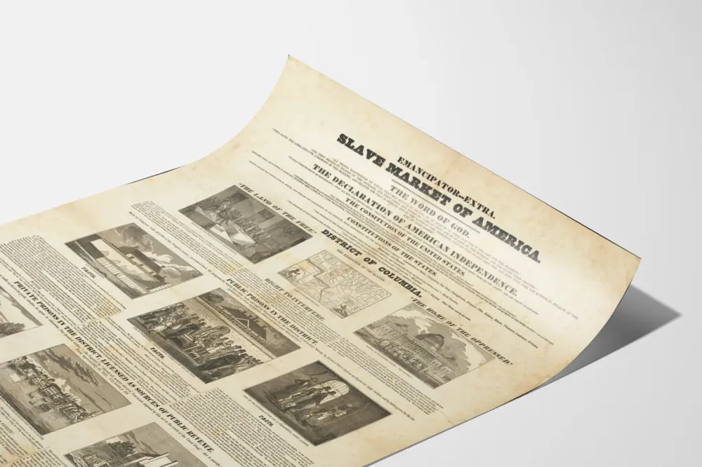 Historiallinen juliste orjakauppamarkkinoista Yhdysvalloissa