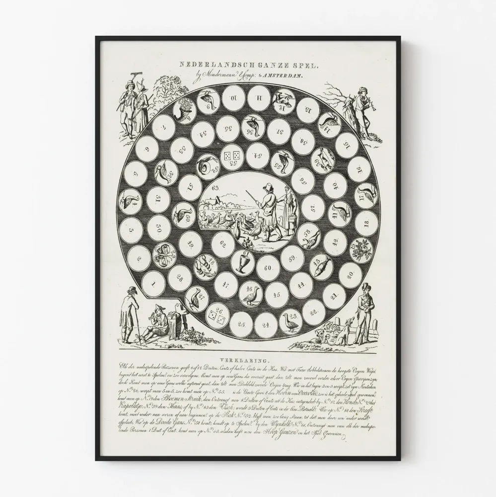 Hollantilainen kiinalaisten pelin juliste, vintage, noin 1815–1850, seinäkoristeluun