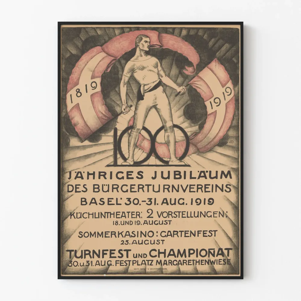 Juhlaposteri 100 vuotta Burgerturnverein Basel 1919 seinäkoriste vintage
