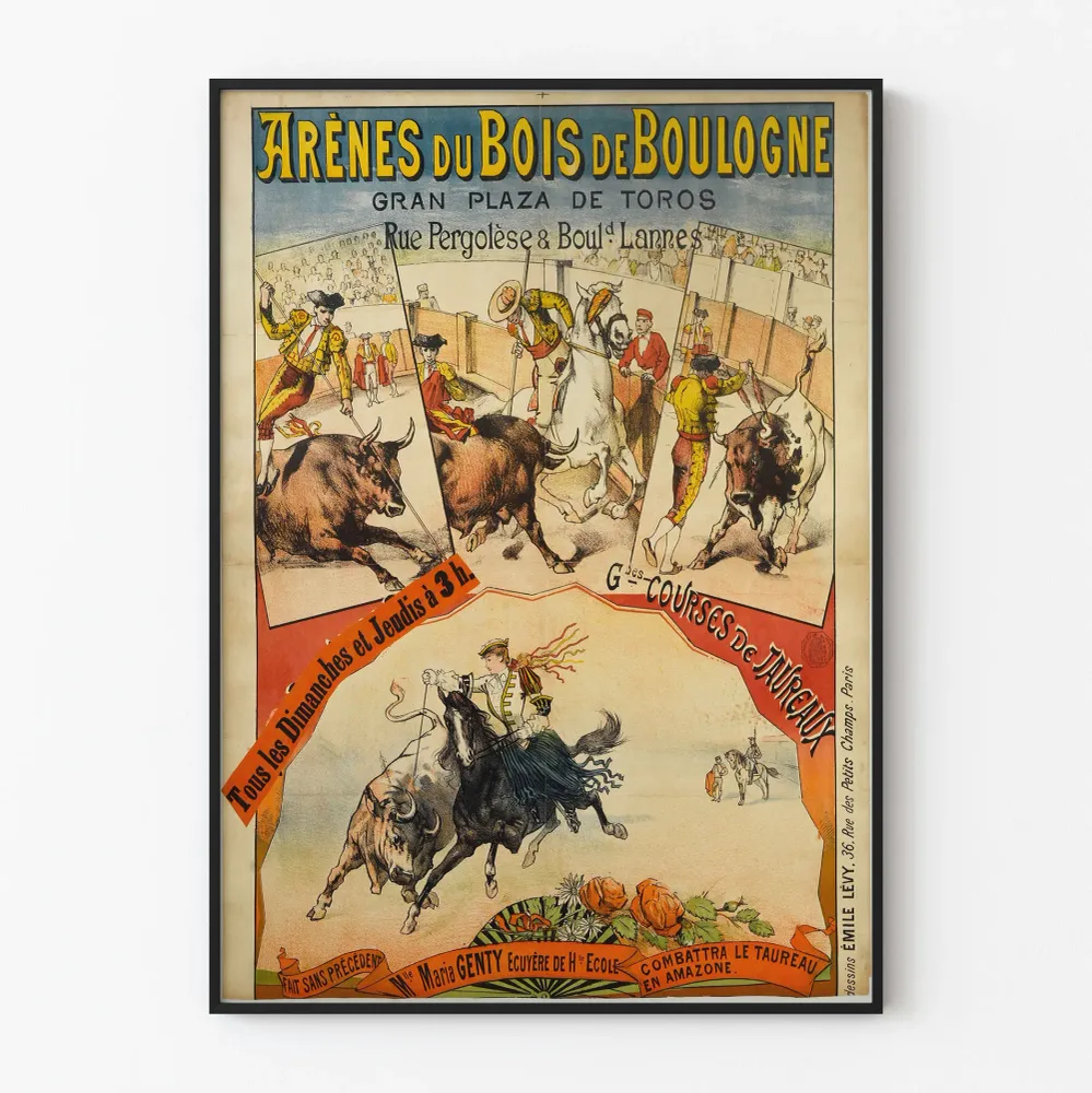 Juliste Bois de Boulogne - Arenat - härkätaistelu ja ratsastusesitys
