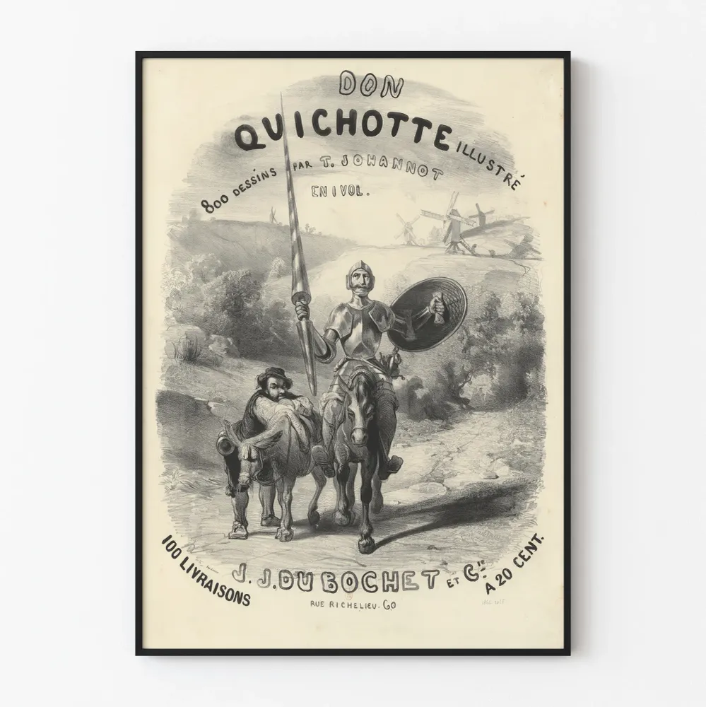 Juliste Don Quijote, T. Johannotin kuvittama, mustavalkoinen vintage-lyijykynäpiirros
