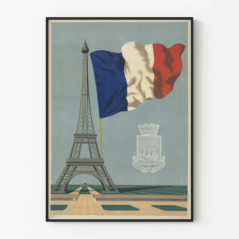 Juliste Fluctuat Nec Mergitur Eiffel-tornin ja ranskalaisen lipun kanssa