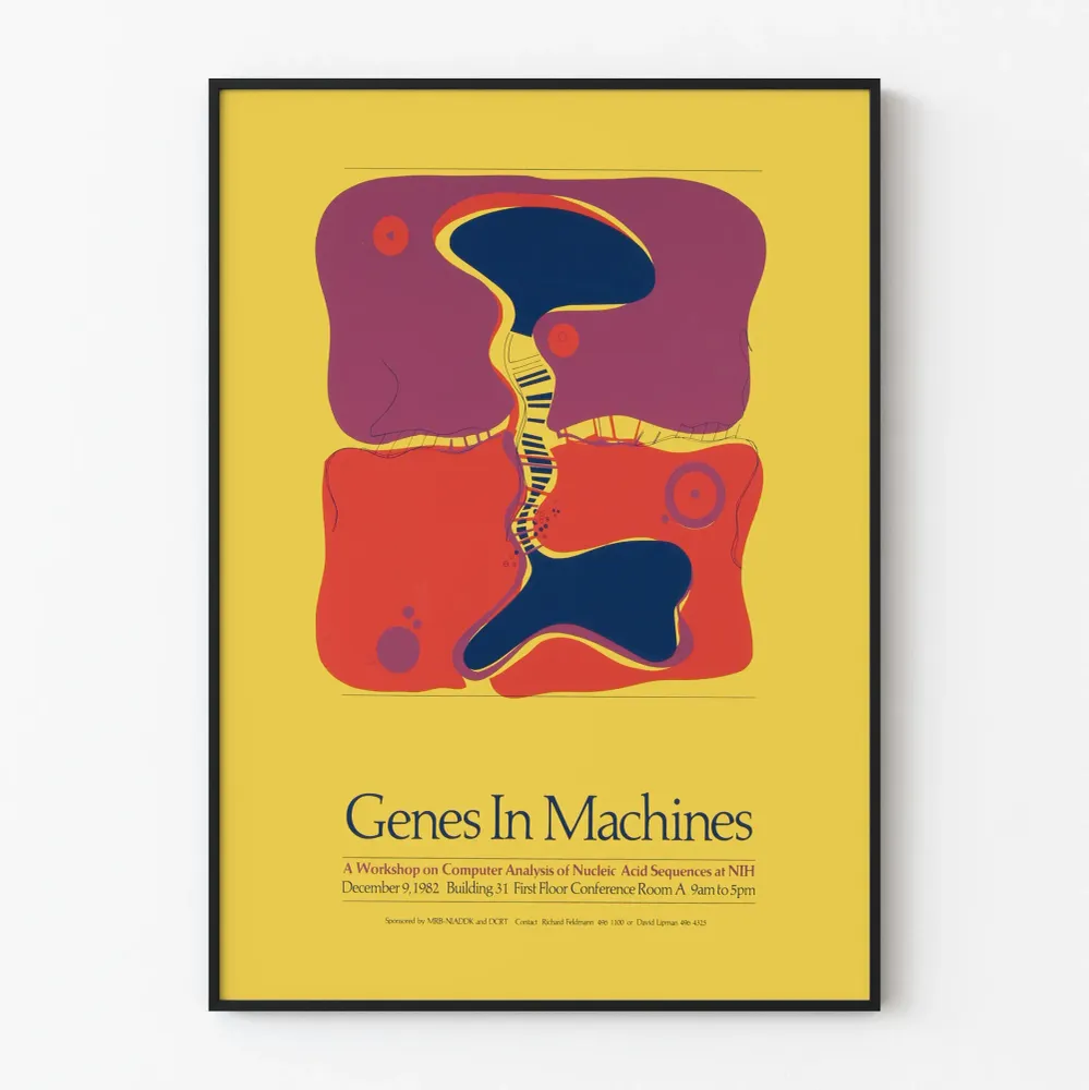Juliste Genes Machines - Työpaja Tietojenkäsittelyn Analyysi DNA 1982