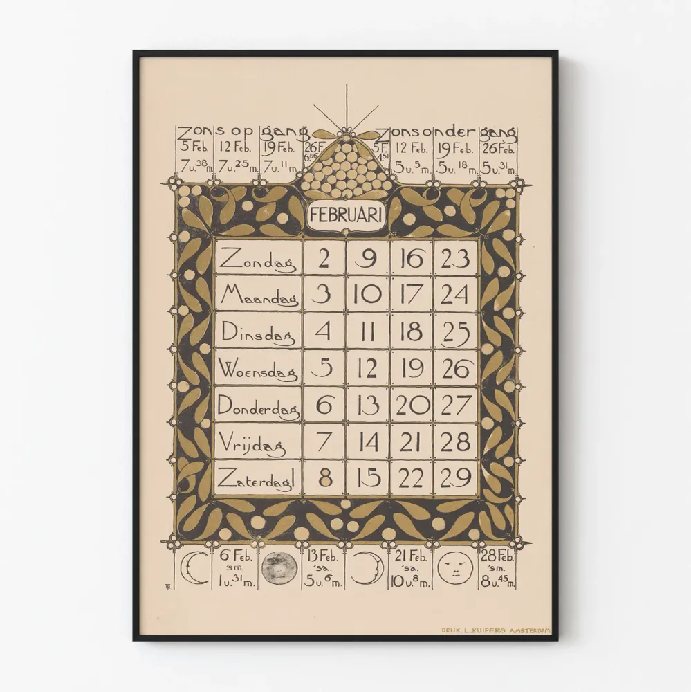 Juliste Helmikuun 1896 kalenteri - Vintage seinäkoristelu