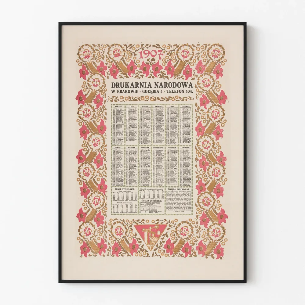 Juliste Kalenteri 1907-tyyli Vintage kukkakoristeella