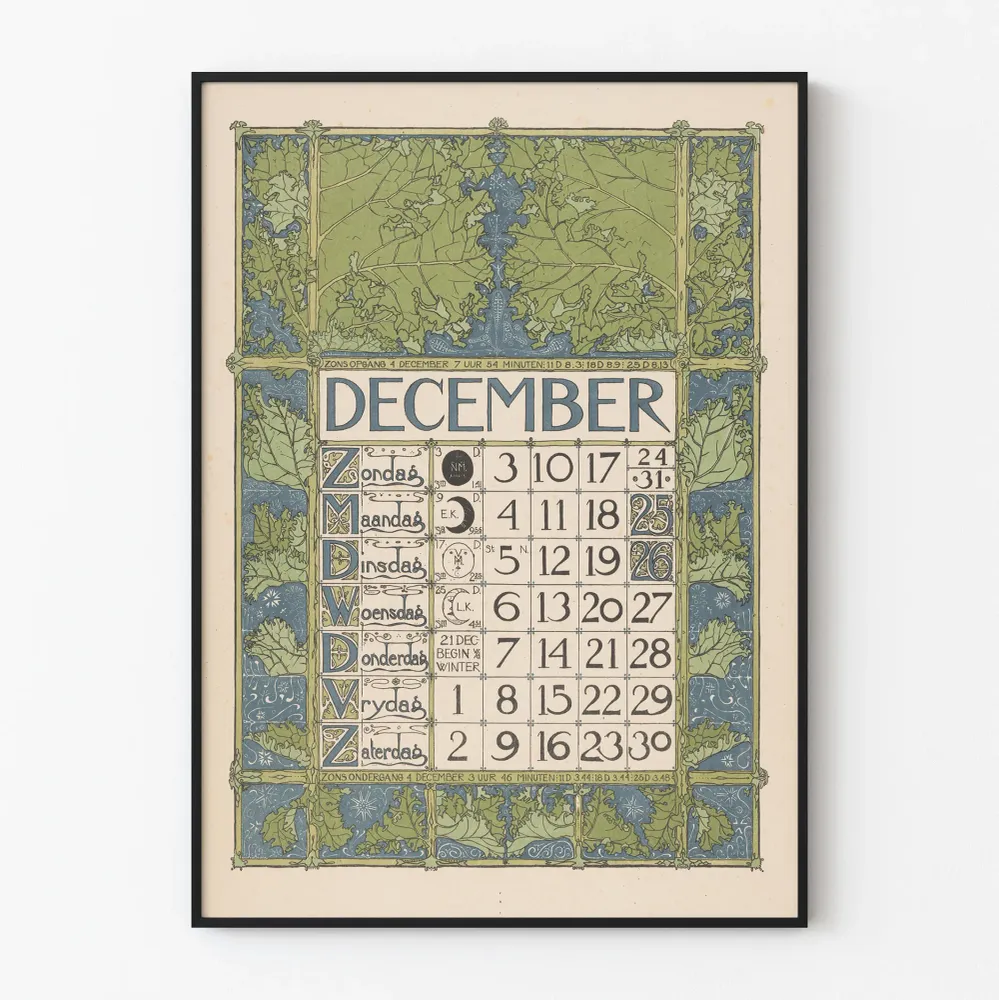 Juliste Kalenteri joulukuu vintage 1899 - Tyylikäs seinäkoristelu