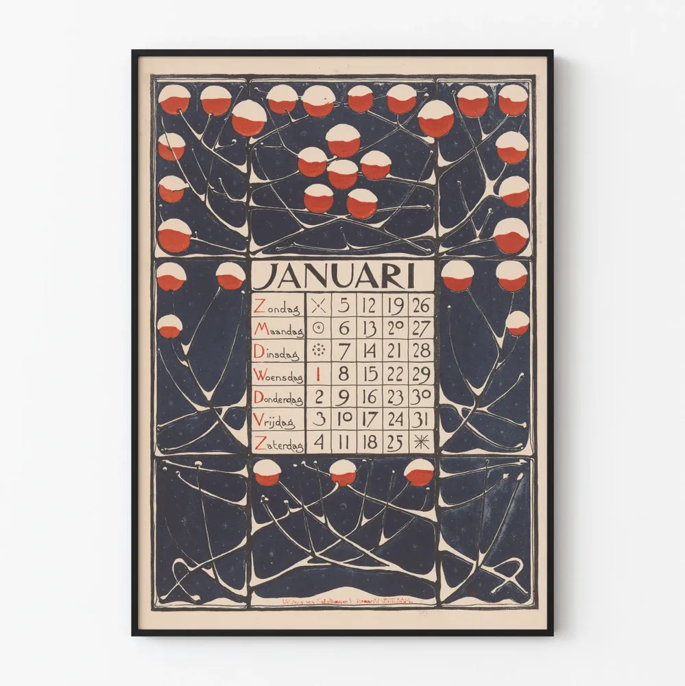 Juliste kalenteri tammikuu 1896 vintage-botaaninen tyyli