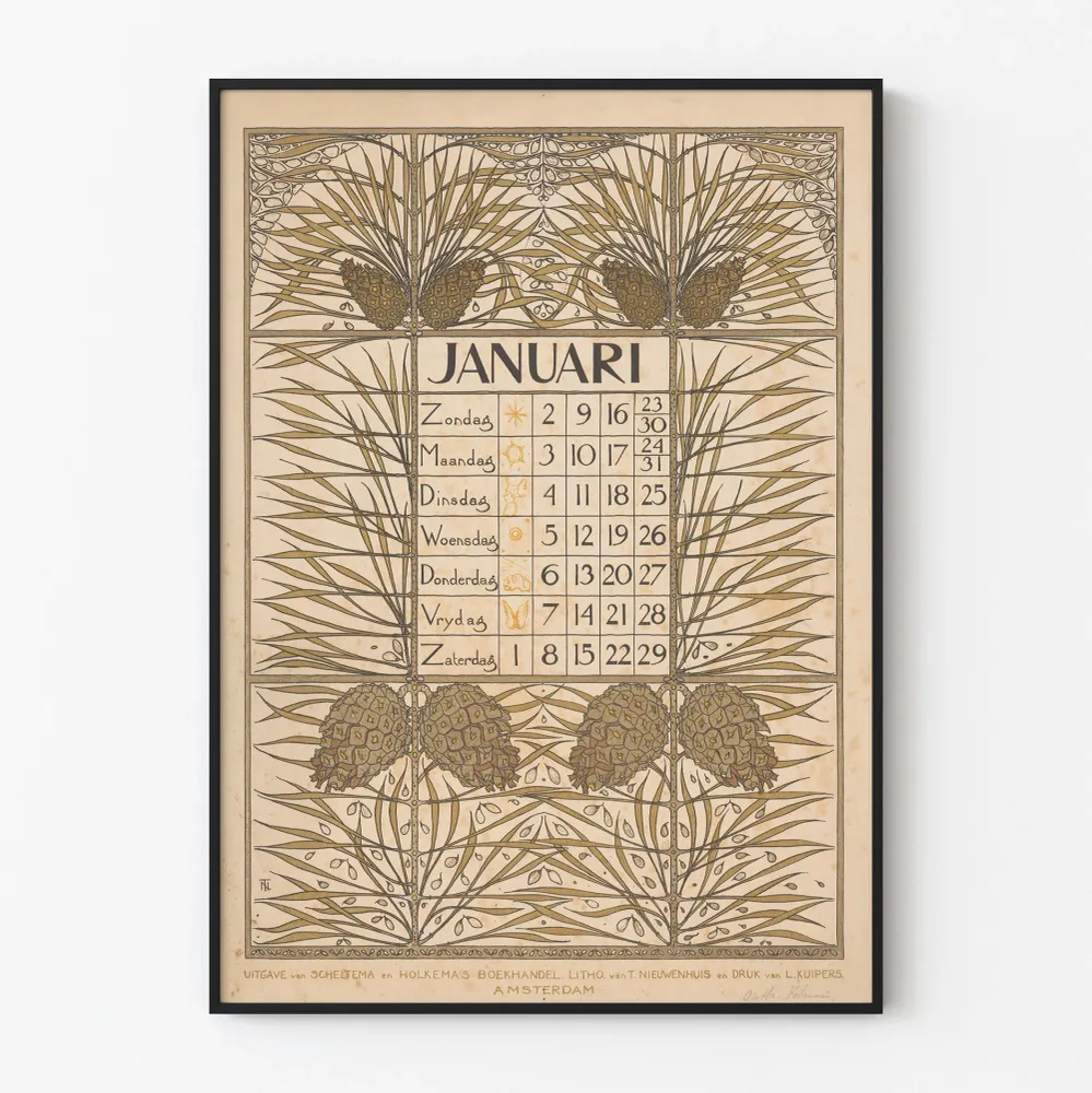 Juliste Kalenteri tammikuu vintage 1898 kukkakuviolla Art Nouveau