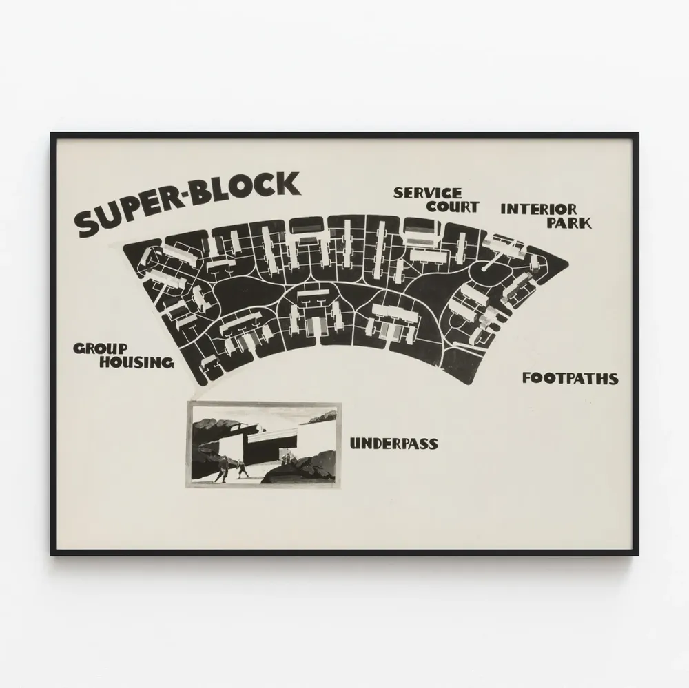 Juliste Kaupunkisuunnittelun Super-Blockin suunnitelma seinäkoristeluun