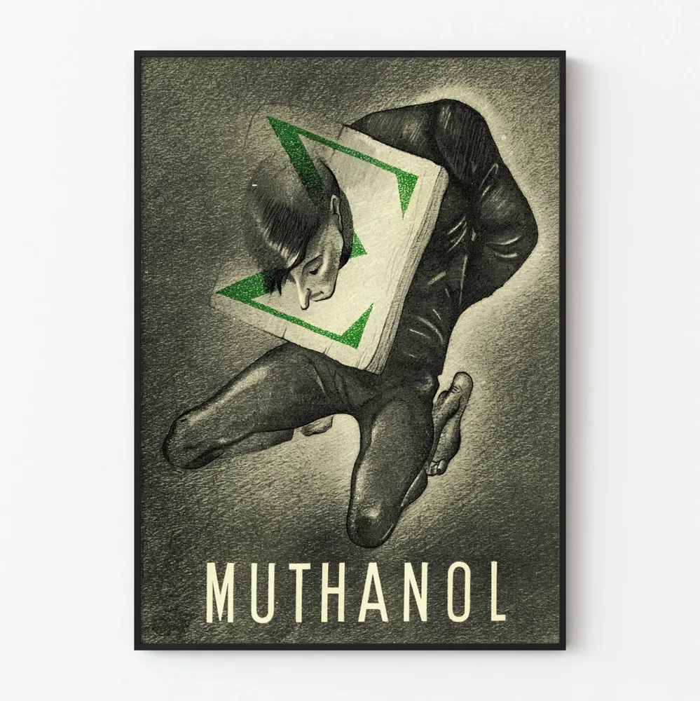 Juliste Muthanol - surrealistinen vintage-kuvitus mustavalkoisena ja vihreänä