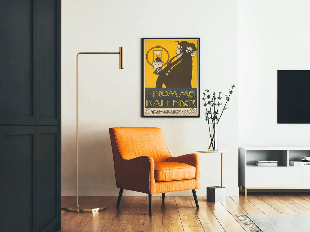 koristeellinen Art Nouveau -juliste naisesta ja tiimalasista