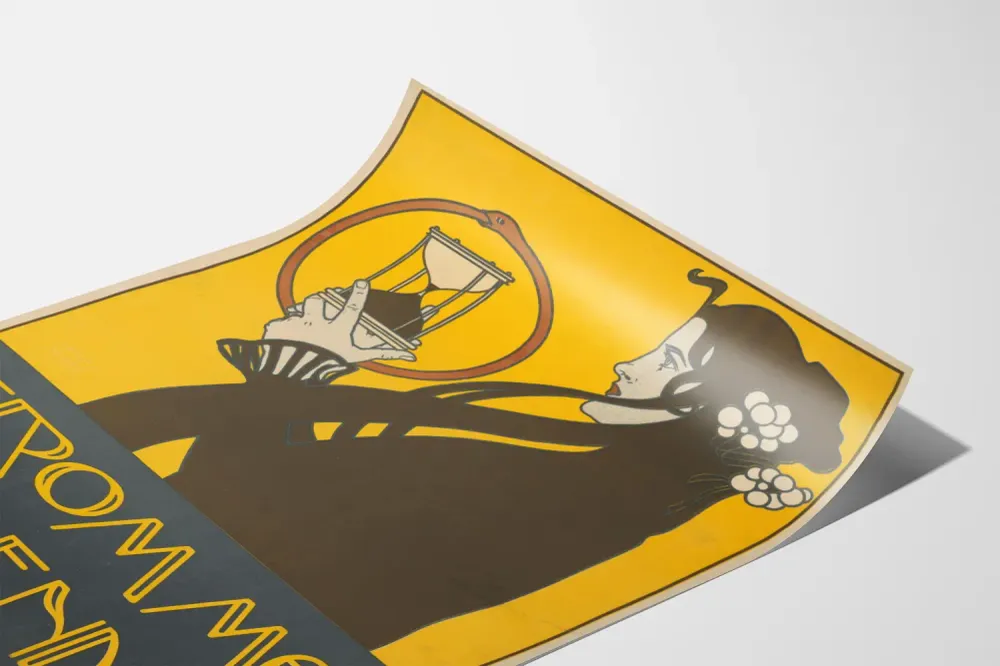 koristeellinen Art Nouveau -juliste naisesta ja tiimalasista