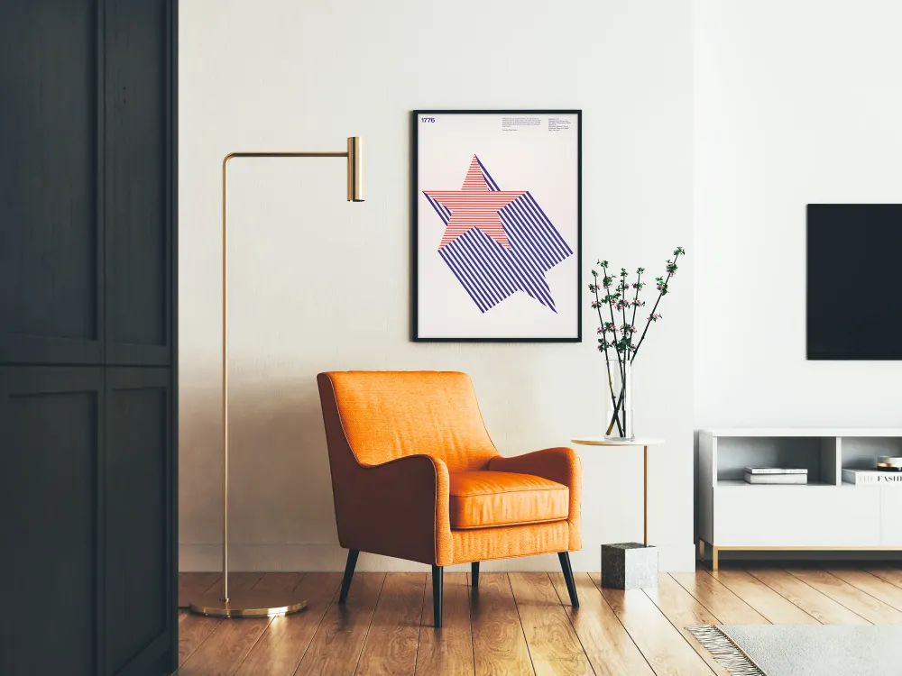 koristeellinen juliste punaisesta ja sinisestä tähdestä geometrisissä linjoissa