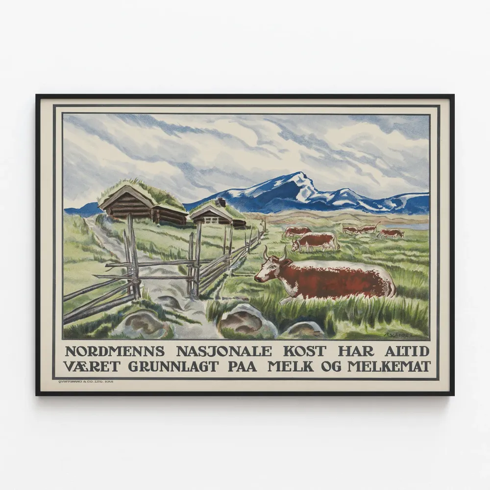 koristeellinen lehmän ja skandinaavisen maiseman juliste vintage