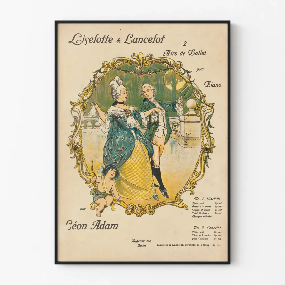 Koristeellinen vintage juliste Liselotte & Lancelot baletinäytöksistä pianolle
