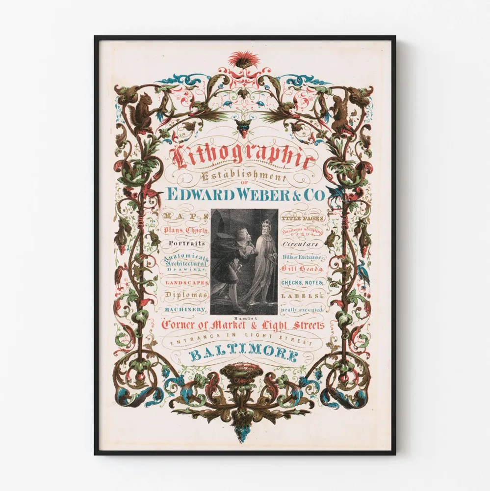 Koristeellinen vintage juliste litografia Edward Weber & Co Baltimore