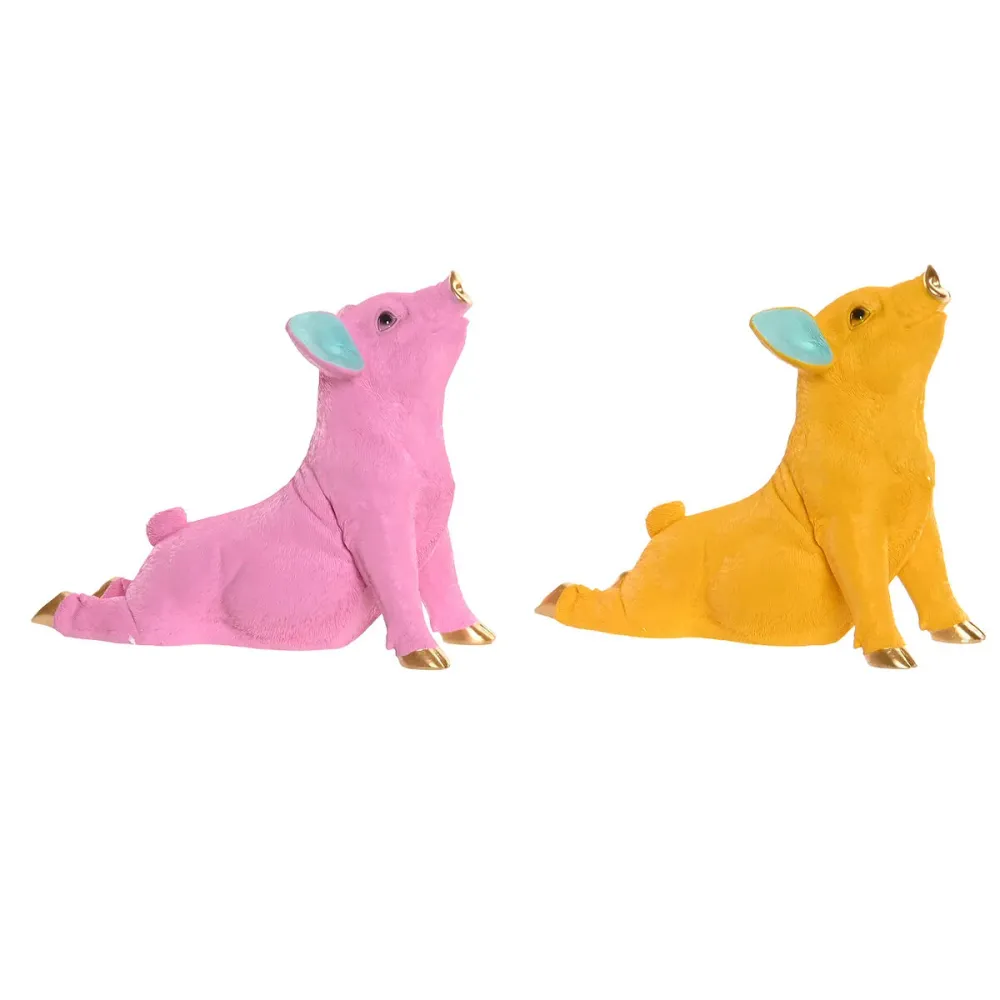 Koristehahmo Home ESPRIT Keltainen Vihreä Pinkki Kullattu Possu 30,5 X 15 X 25 CM (2 osaa)