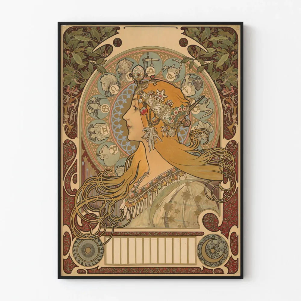 Koristejuliste Art Nouveau nainen ja astrologiset merkit