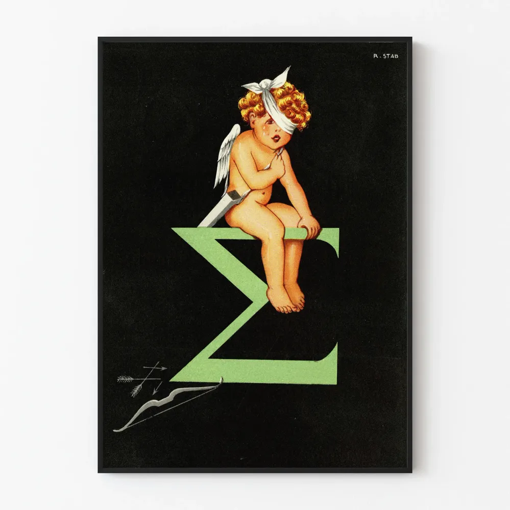 Koristejuliste Cupidon vintage, valkoiset siivet ja silmät sidottuna