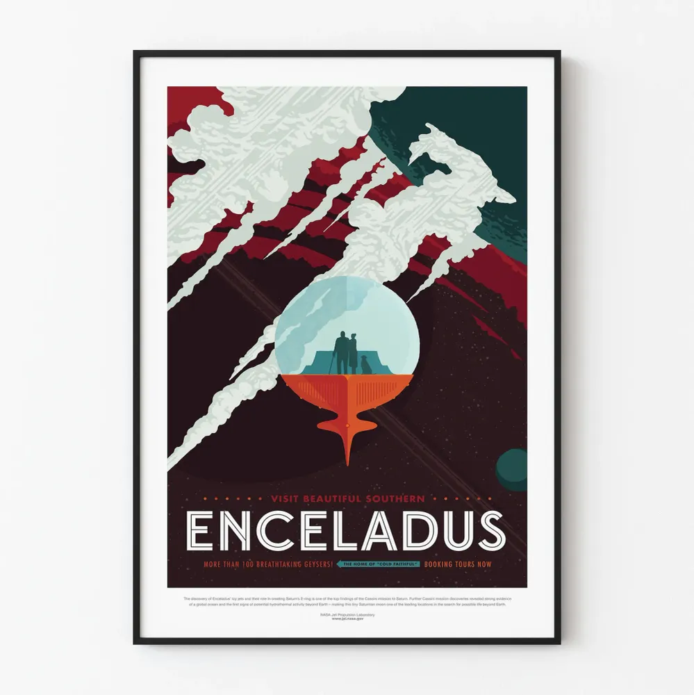 Koristejuliste Enceladus, Saturnuksen kuu ja sen geiserit
