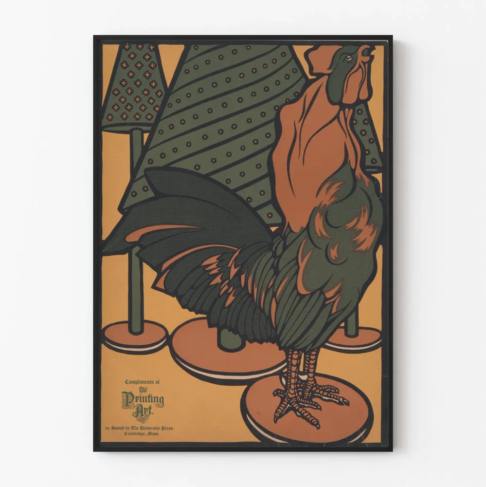 Koristejuliste kana ja kuuset, kuvittettu graafiseen vintage-tyyliin