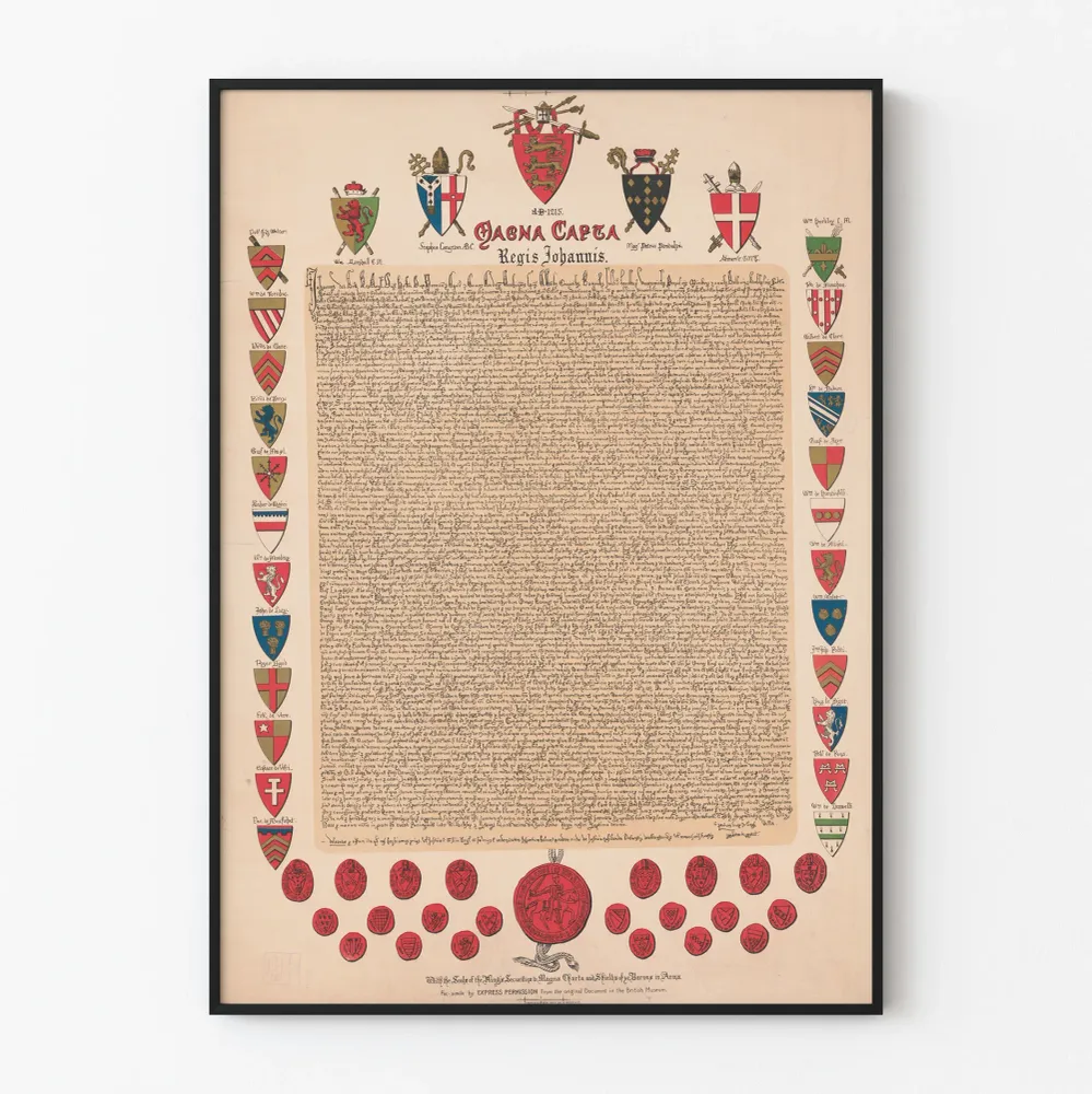 Koristejuliste Magna Carta -juliste keskiaikaisine vaakunoineen ja sinetteineen