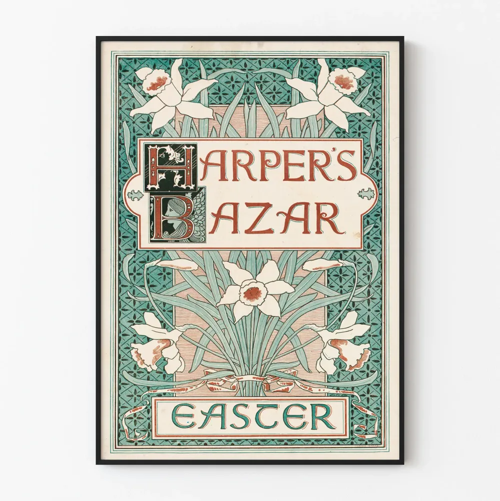 Koristejuliste vintage Harper's Bazar Pääsiäinen narsissikukilla