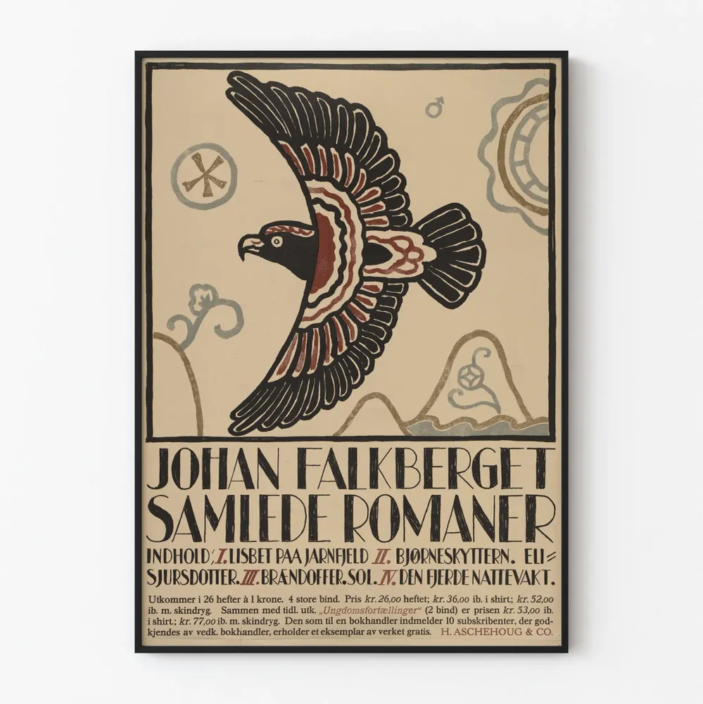 Koristejuliste vintage « Johan Falkberget Samlede Romaner » stilisoidulla kotkalla