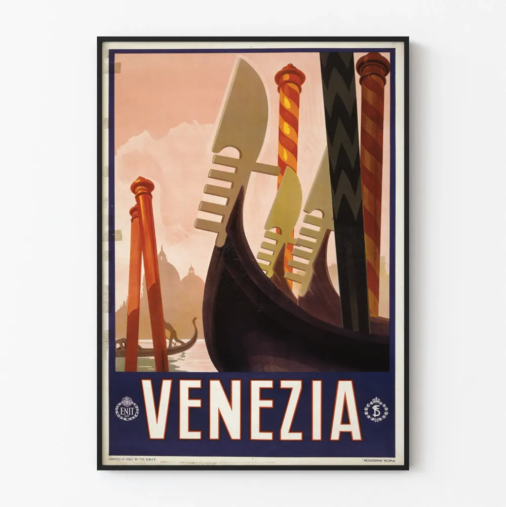 Koristejuliste vintage Venetsia - Gondolit ja värikkäät palmut