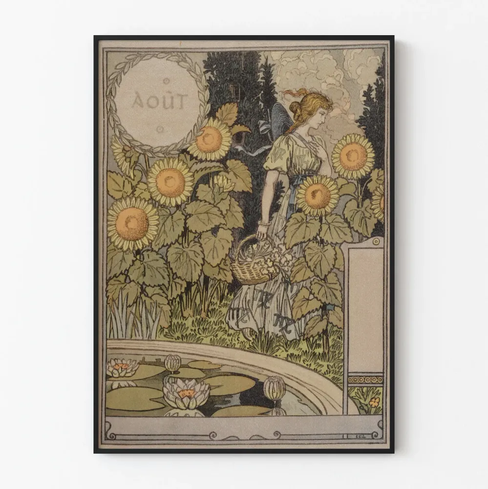 Koristejuliste vintage-elokuulta elokuussa auringonkukkien ja maalaisnaisen kanssa