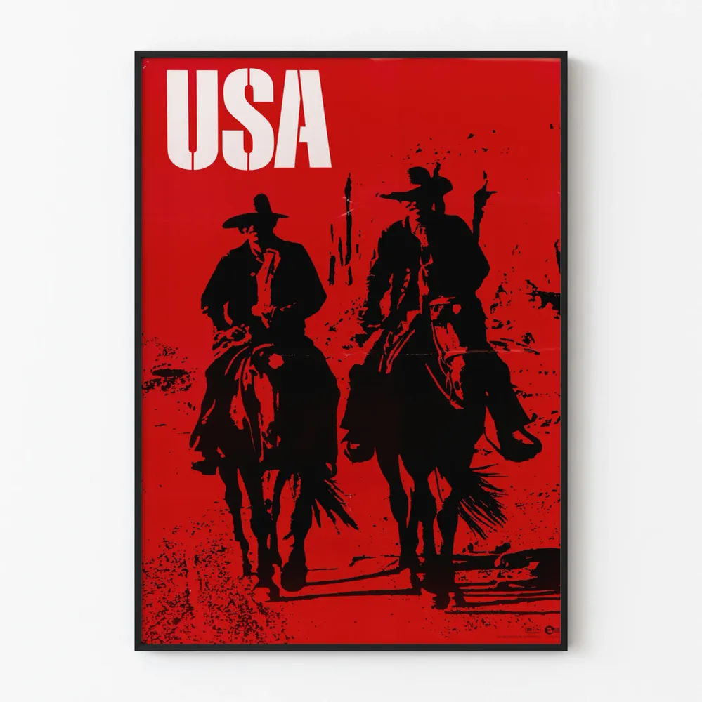 Koristejuliste Yhdysvaltain cowboyt mustavalkoisessa siluetissa punaisella taustalla