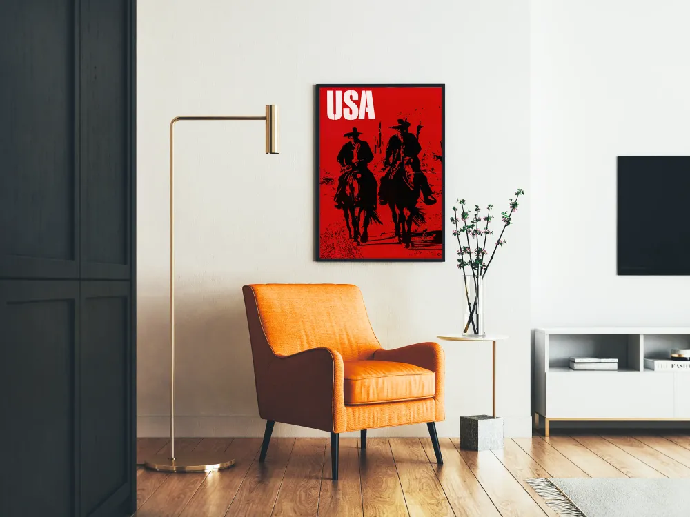 Koristejuliste Yhdysvaltain cowboyt mustavalkoisessa siluetissa punaisella taustalla
