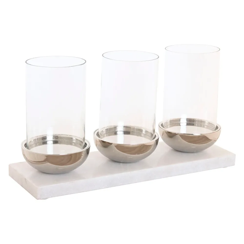 Kynttilänjalka Home ESPRIT Valkoinen Hopeinen Kristalli Marmori 40 x 13 x 22 cm
