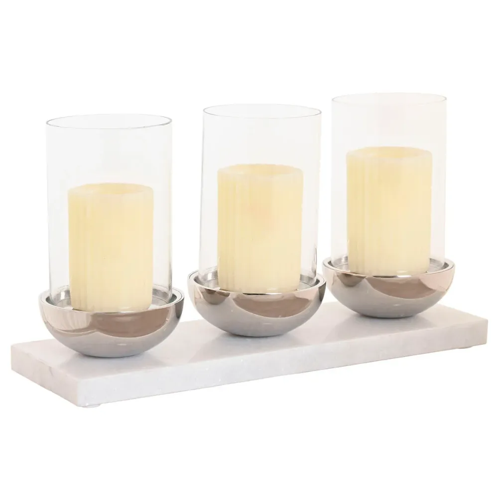 Kynttilänjalka Home ESPRIT Valkoinen Hopeinen Kristalli Marmori 40 x 13 x 22 cm