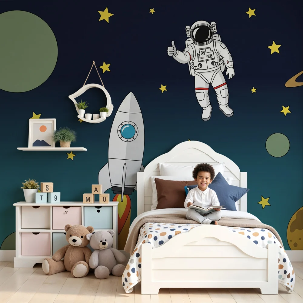 Lastenhuoneen tapetti | Avaruuden tutkimus astronautin ja rakettien kanssa